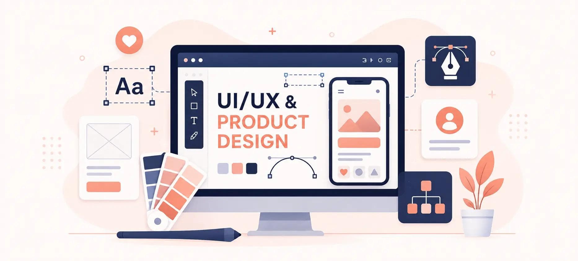 UI/UX and product design illustration showing wireframes and design elements