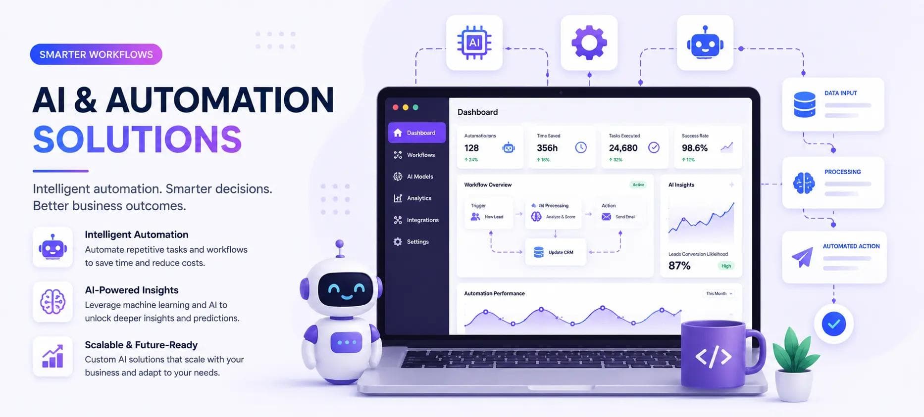 Illustration representing AI chatbot and automation solutions