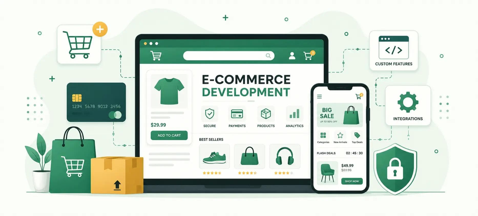 E-commerce development illustration showing an online store interface on desktop and mobile