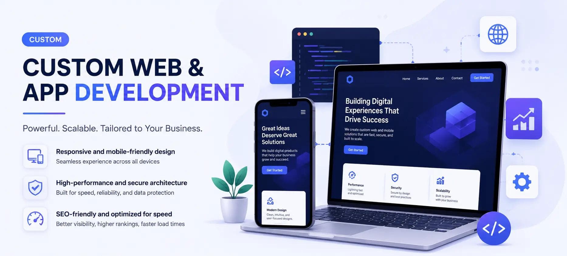 Custom web and app development illustration showing a website mockup on a laptop and mobile device