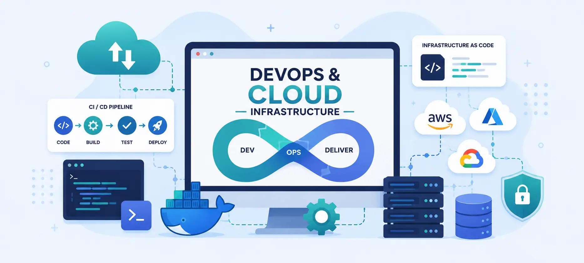 DevOps and cloud infrastructure illustration showing cloud architecture