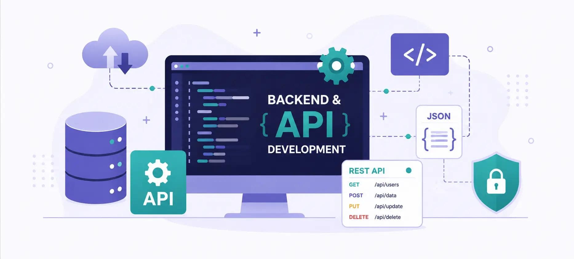 Backend and API development illustration showing server and database architecture