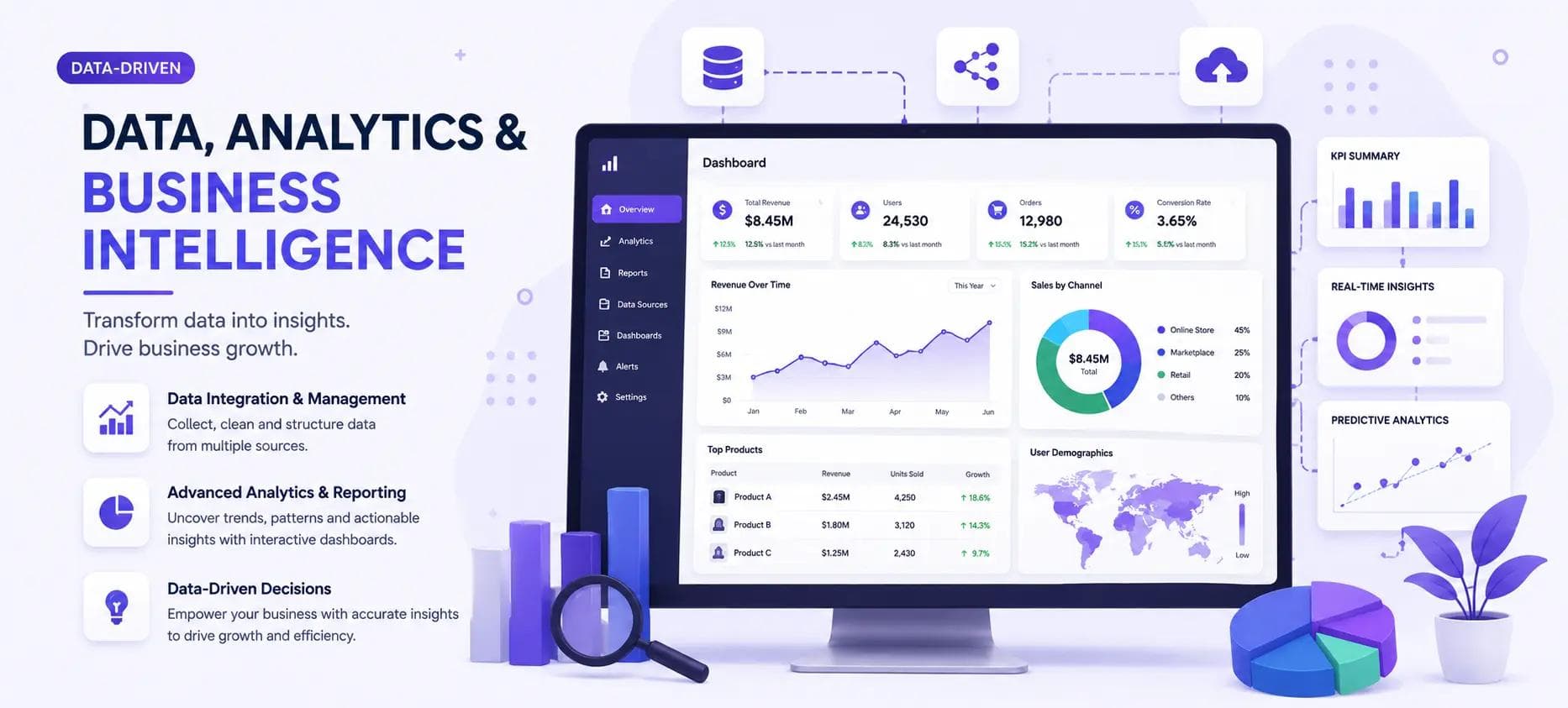 Illustration representing data analytics and business intelligence dashboards