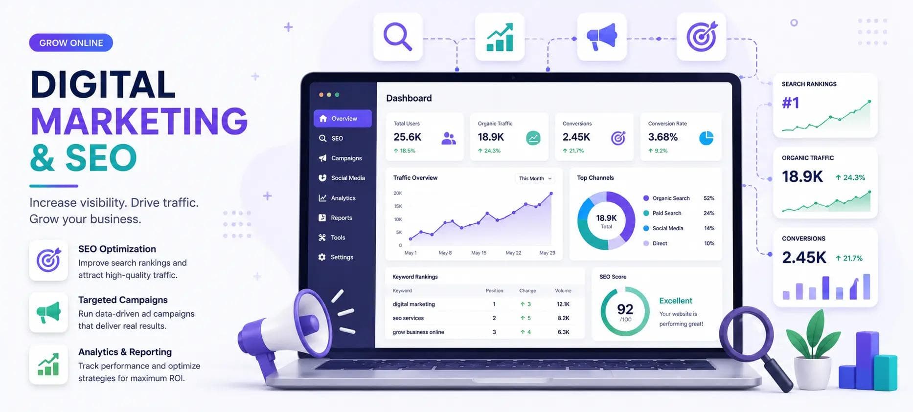 Illustration representing digital marketing and SEO growth strategy